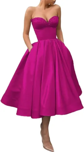 Sequins Sweetheart Short Prom Dresses Ruched A-line Satin Tea Length Cocktail Gown Strapless Midi Corset Formal Party Dress