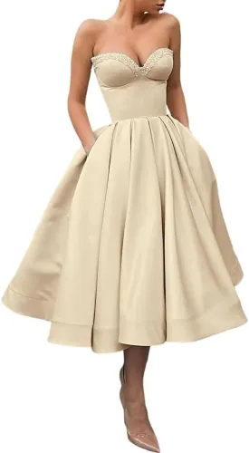 Sequins Sweetheart Short Prom Dresses Ruched A-line Satin Tea Length Cocktail Gown Strapless Midi Corset Formal Party Dress
