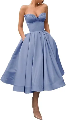 Sequins Sweetheart Short Prom Dresses Ruched A-line Satin Tea Length Cocktail Gown Strapless Midi Corset Formal Party Dress