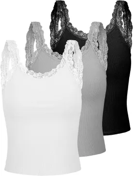 Sintege 3 Pcs Women's Lace Patchwork Tank Top Lace Camisole Tank Sleeveless Cami Crop Lacework Trim Y2k Tops