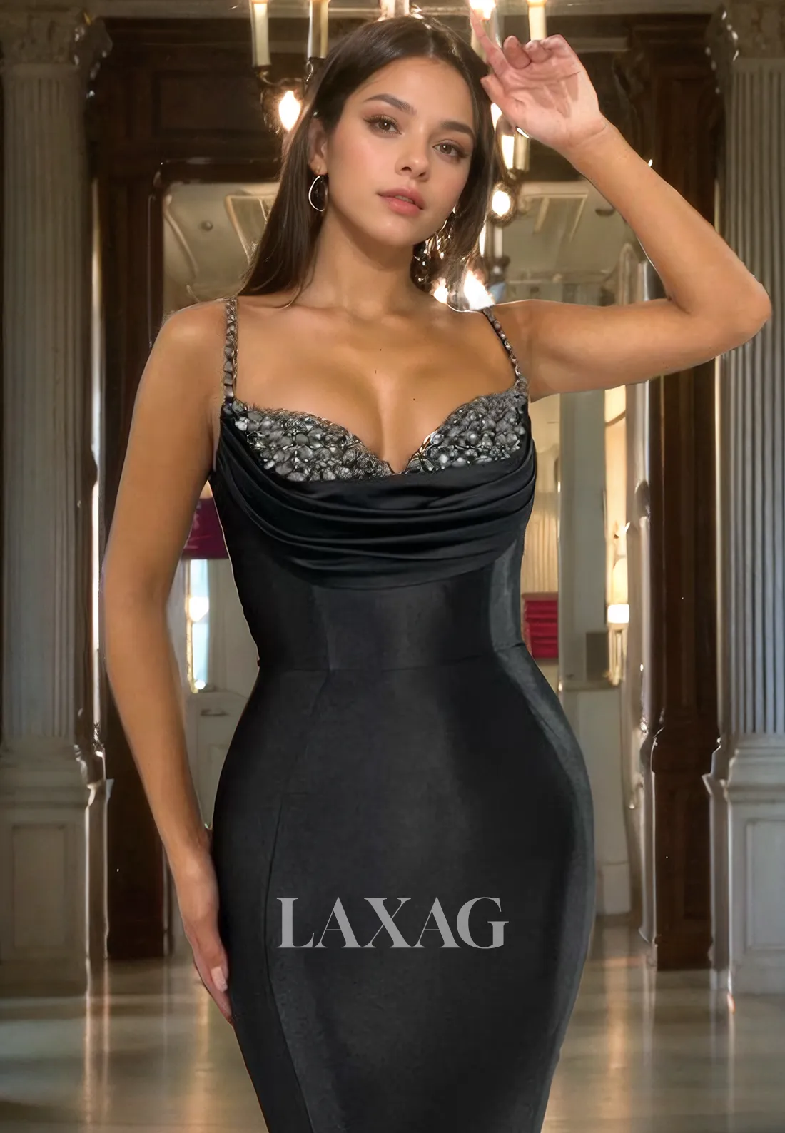 Spaghetti Straps Sequins Sleek Satin Mermaid Party Prom Formal Evening Dress