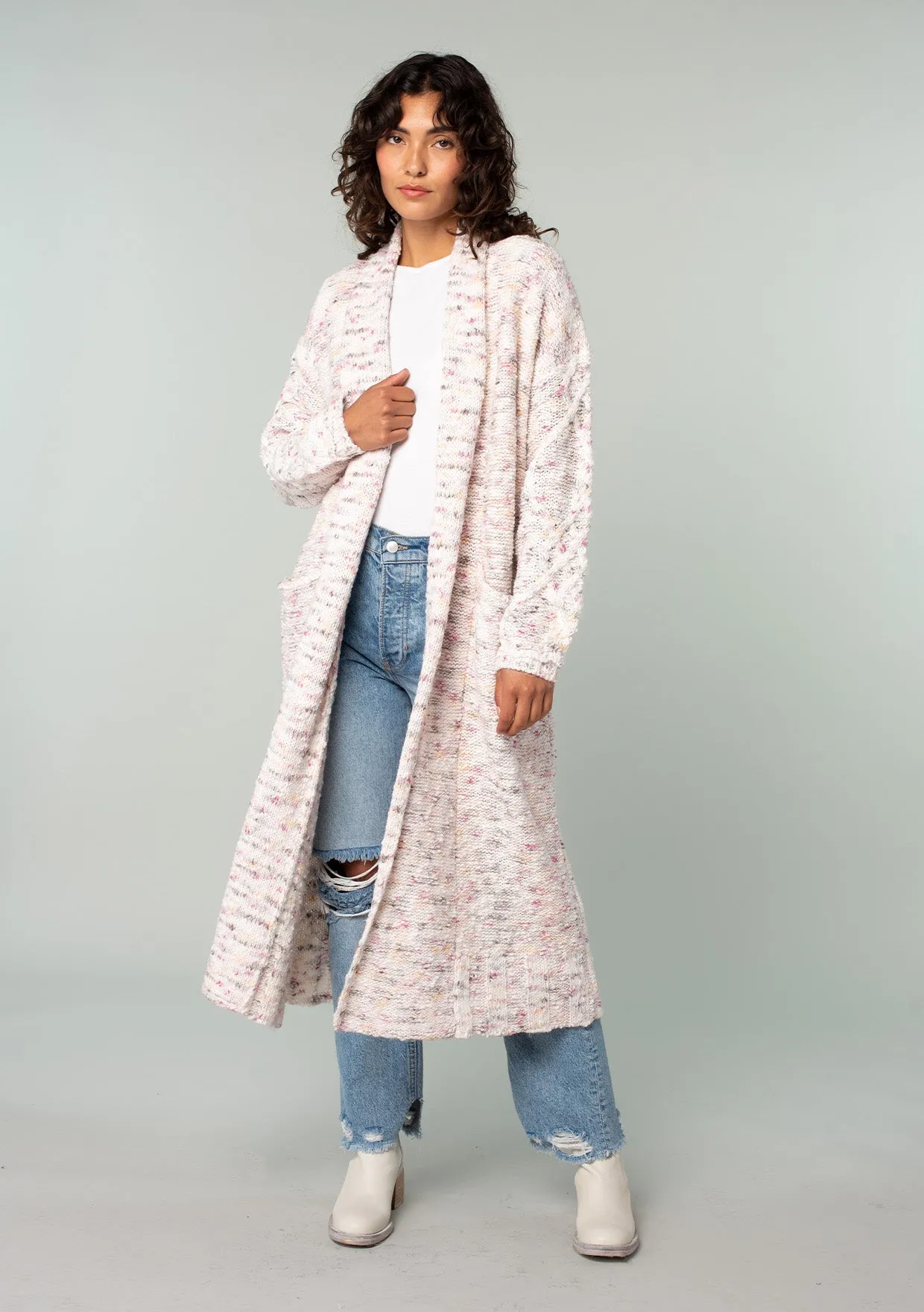 Speckled Shawl Collar Long Sleeve Knit Cardigan
