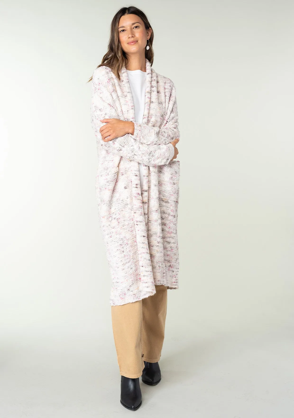 Speckled Shawl Collar Long Sleeve Knit Cardigan