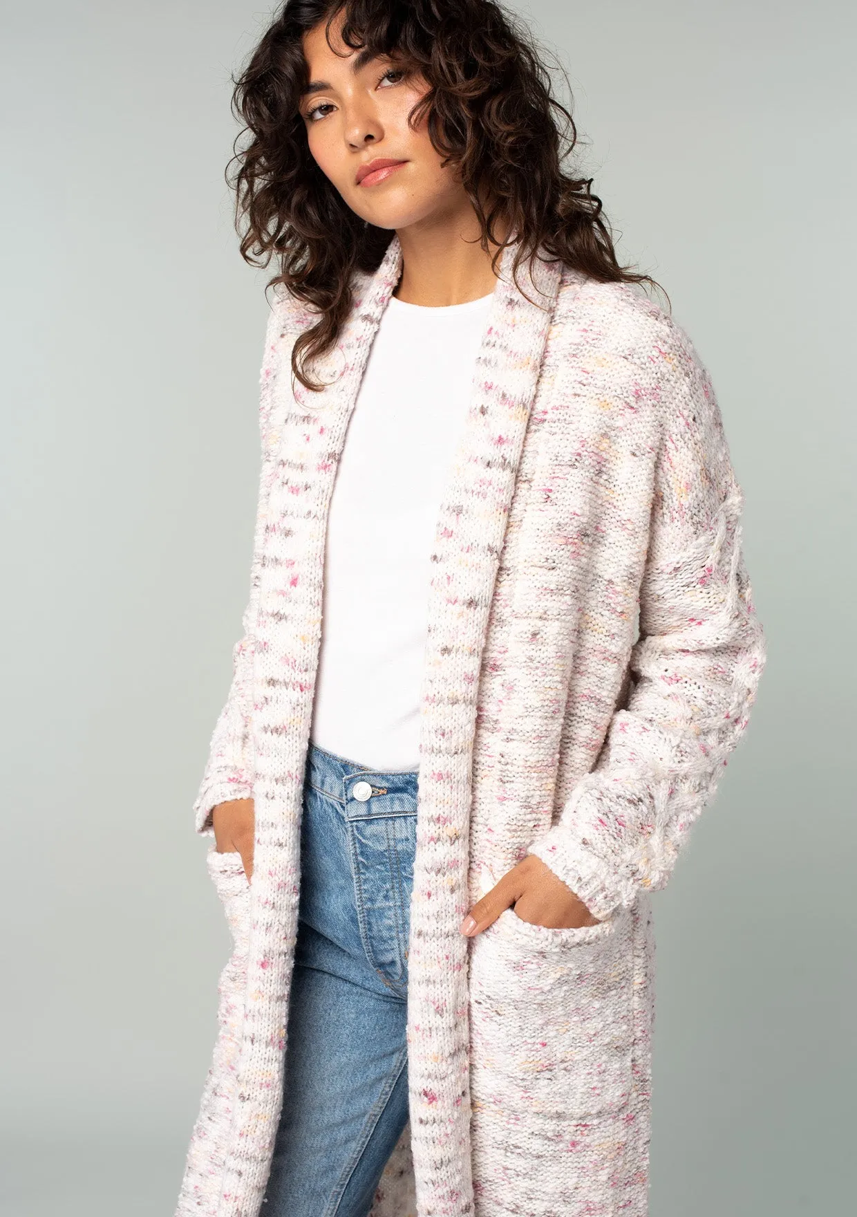 Speckled Shawl Collar Long Sleeve Knit Cardigan