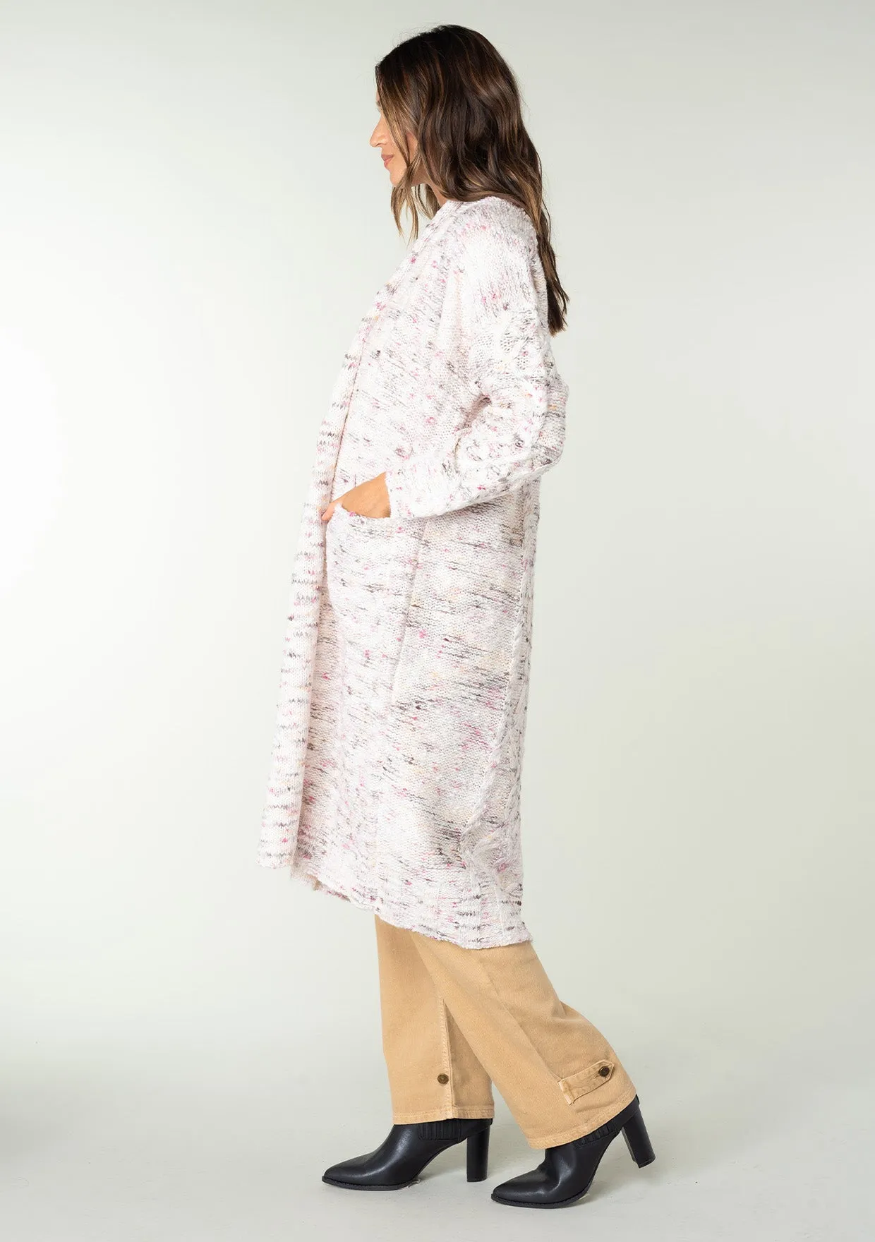 Speckled Shawl Collar Long Sleeve Knit Cardigan