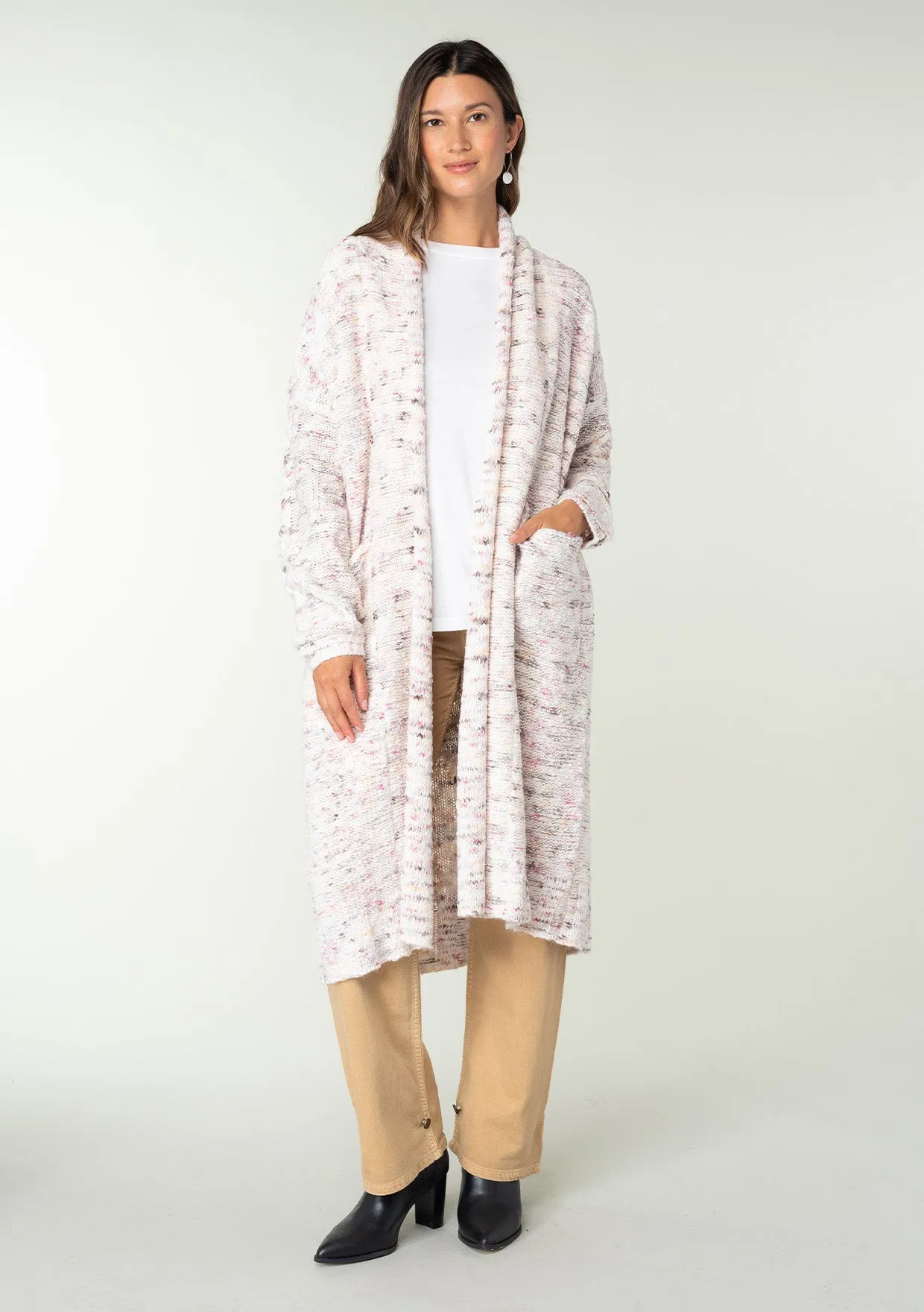 Speckled Shawl Collar Long Sleeve Knit Cardigan
