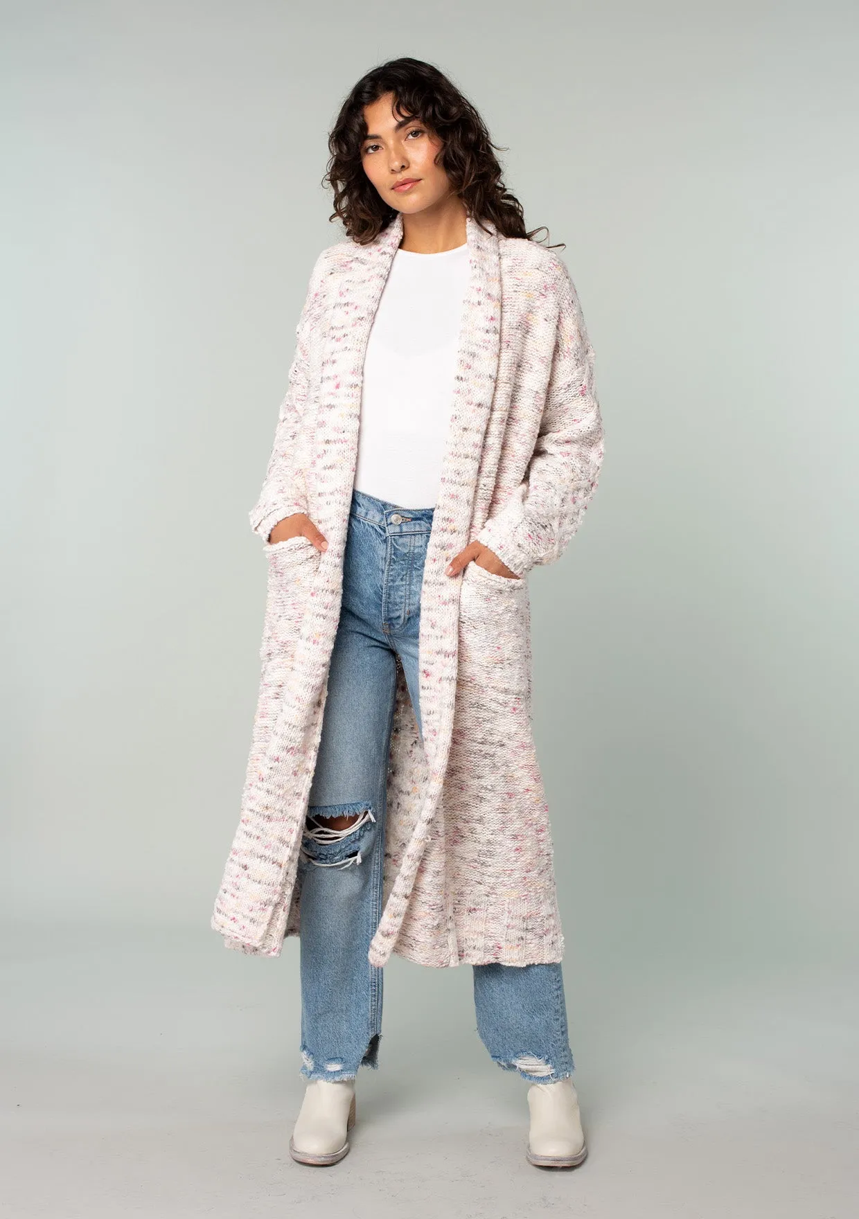 Speckled Shawl Collar Long Sleeve Knit Cardigan