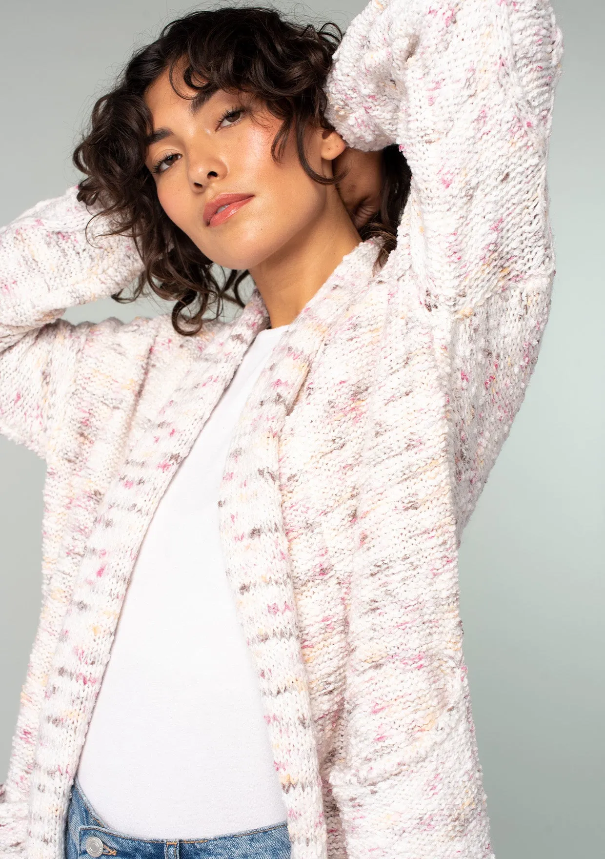 Speckled Shawl Collar Long Sleeve Knit Cardigan