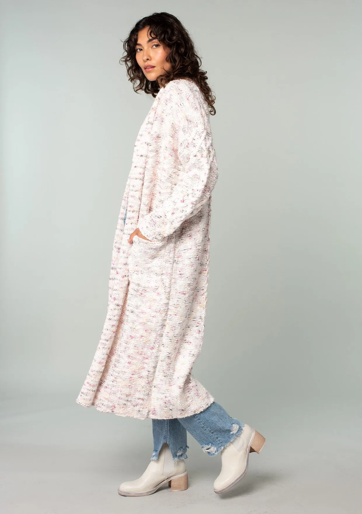 Speckled Shawl Collar Long Sleeve Knit Cardigan