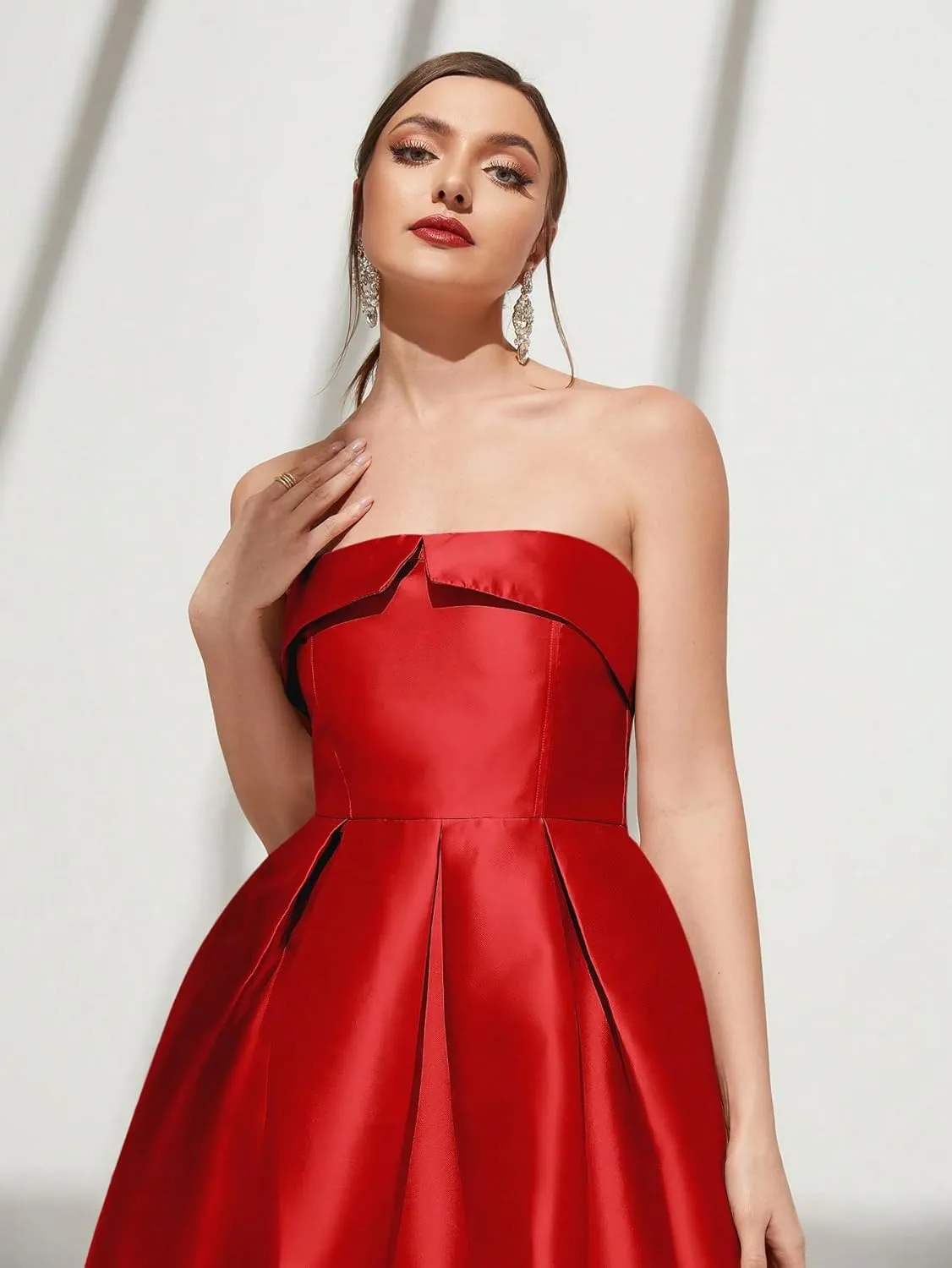 Strapless Satin A-Line Cocktail Dress for Women  Elegant Prom, Wedding,Formal Evening Gown with Pleated Skirt