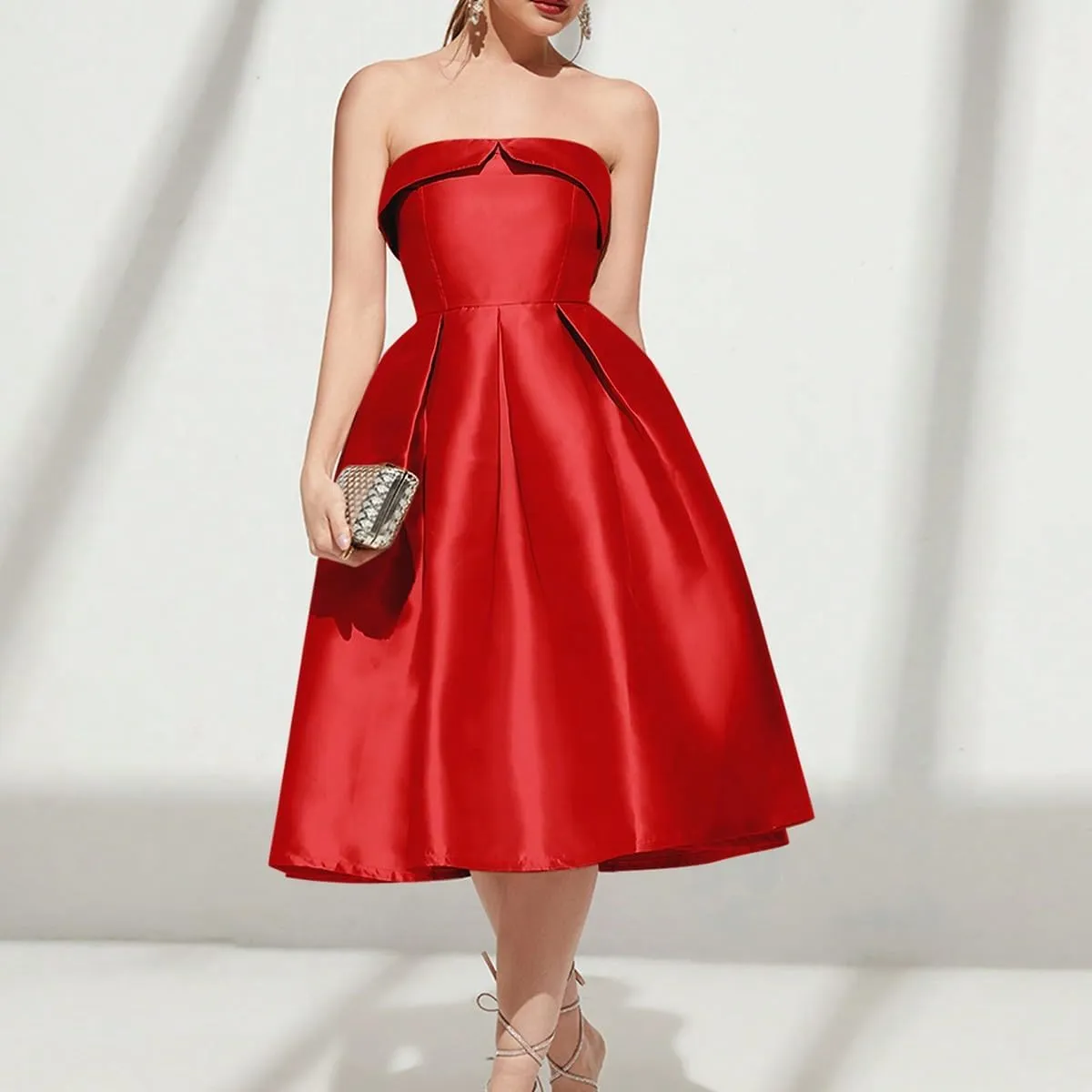 Strapless Satin A-Line Cocktail Dress for Women  Elegant Prom, Wedding,Formal Evening Gown with Pleated Skirt