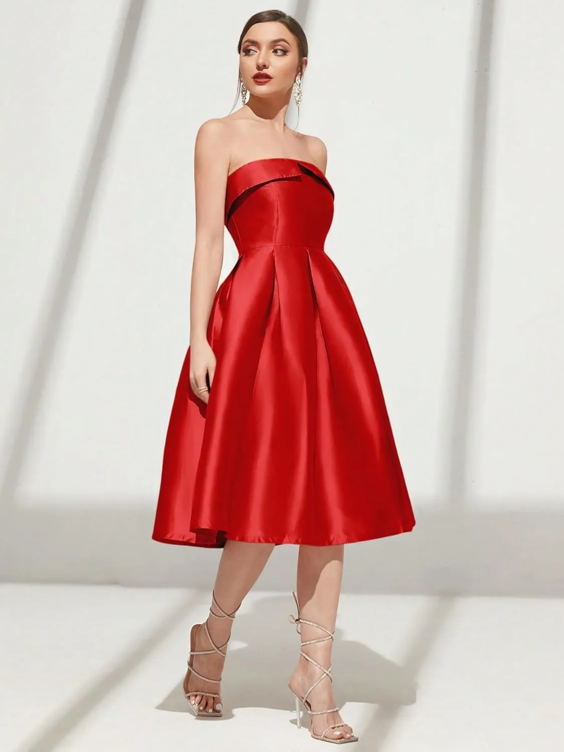 Strapless Satin A-Line Cocktail Dress for Women  Elegant Prom, Wedding,Formal Evening Gown with Pleated Skirt