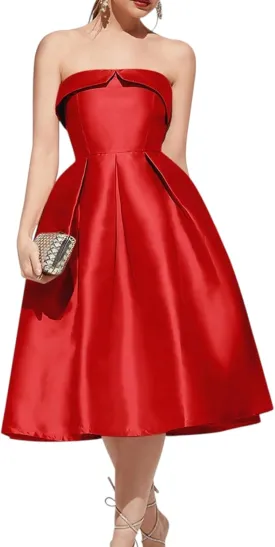 Strapless Satin A-Line Cocktail Dress for Women  Elegant Prom, Wedding,Formal Evening Gown with Pleated Skirt
