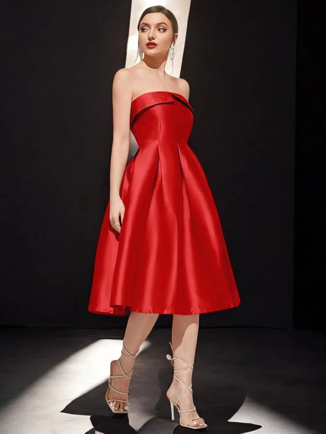 Strapless Satin A-Line Cocktail Dress for Women  Elegant Prom, Wedding,Formal Evening Gown with Pleated Skirt