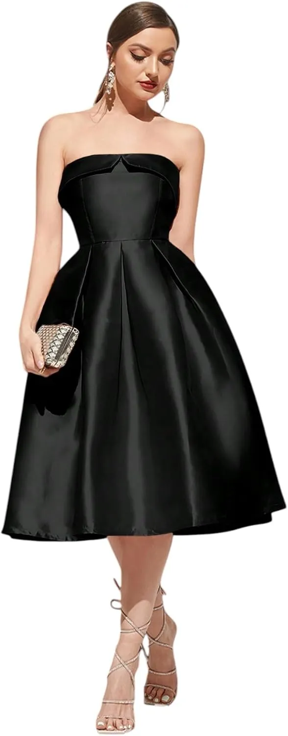 Strapless Satin A-Line Cocktail Dress for Women  Elegant Prom, Wedding,Formal Evening Gown with Pleated Skirt