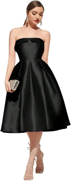 Strapless Satin A-Line Cocktail Dress for Women  Elegant Prom, Wedding,Formal Evening Gown with Pleated Skirt