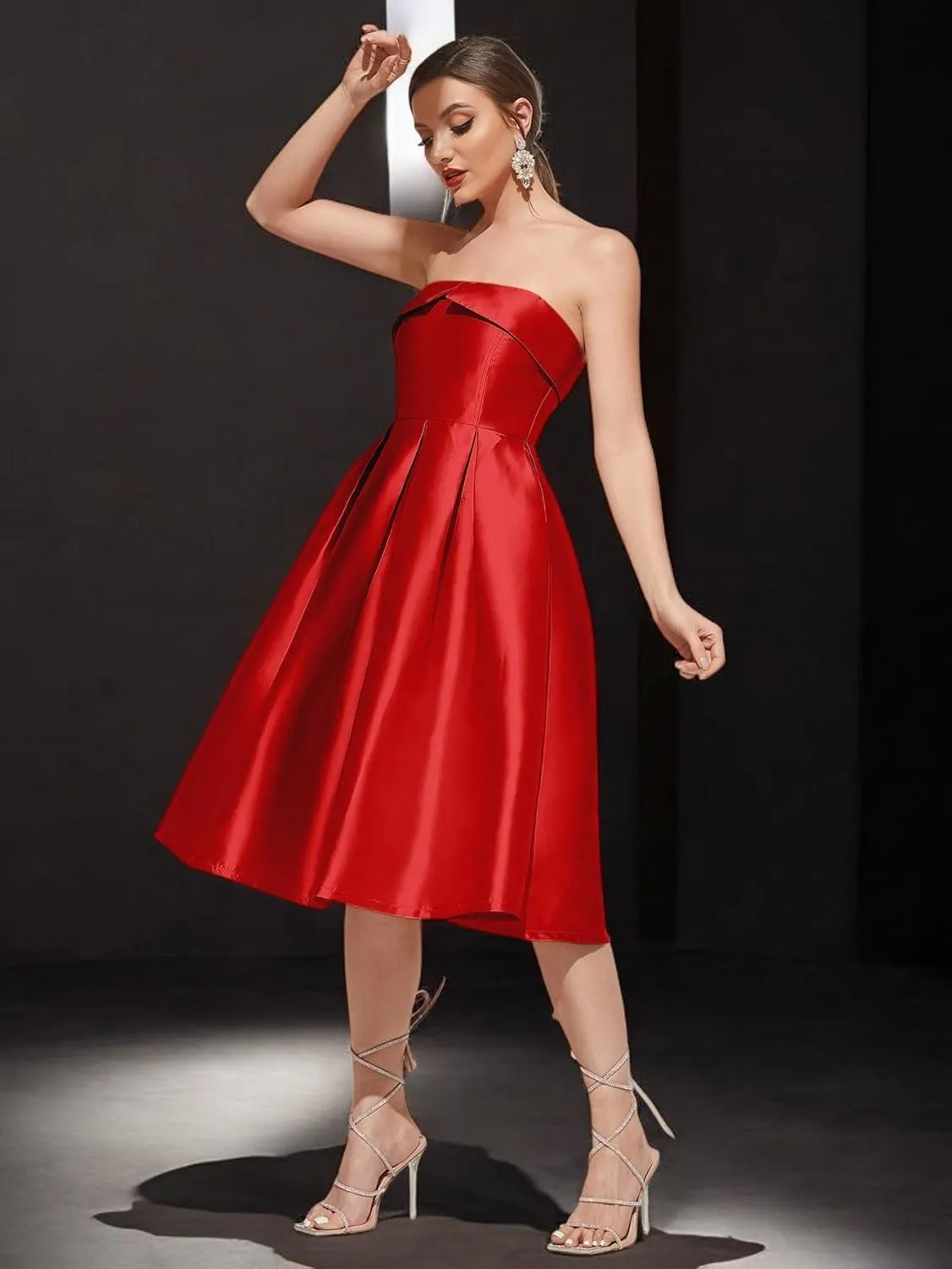 Strapless Satin A-Line Cocktail Dress for Women  Elegant Prom, Wedding,Formal Evening Gown with Pleated Skirt