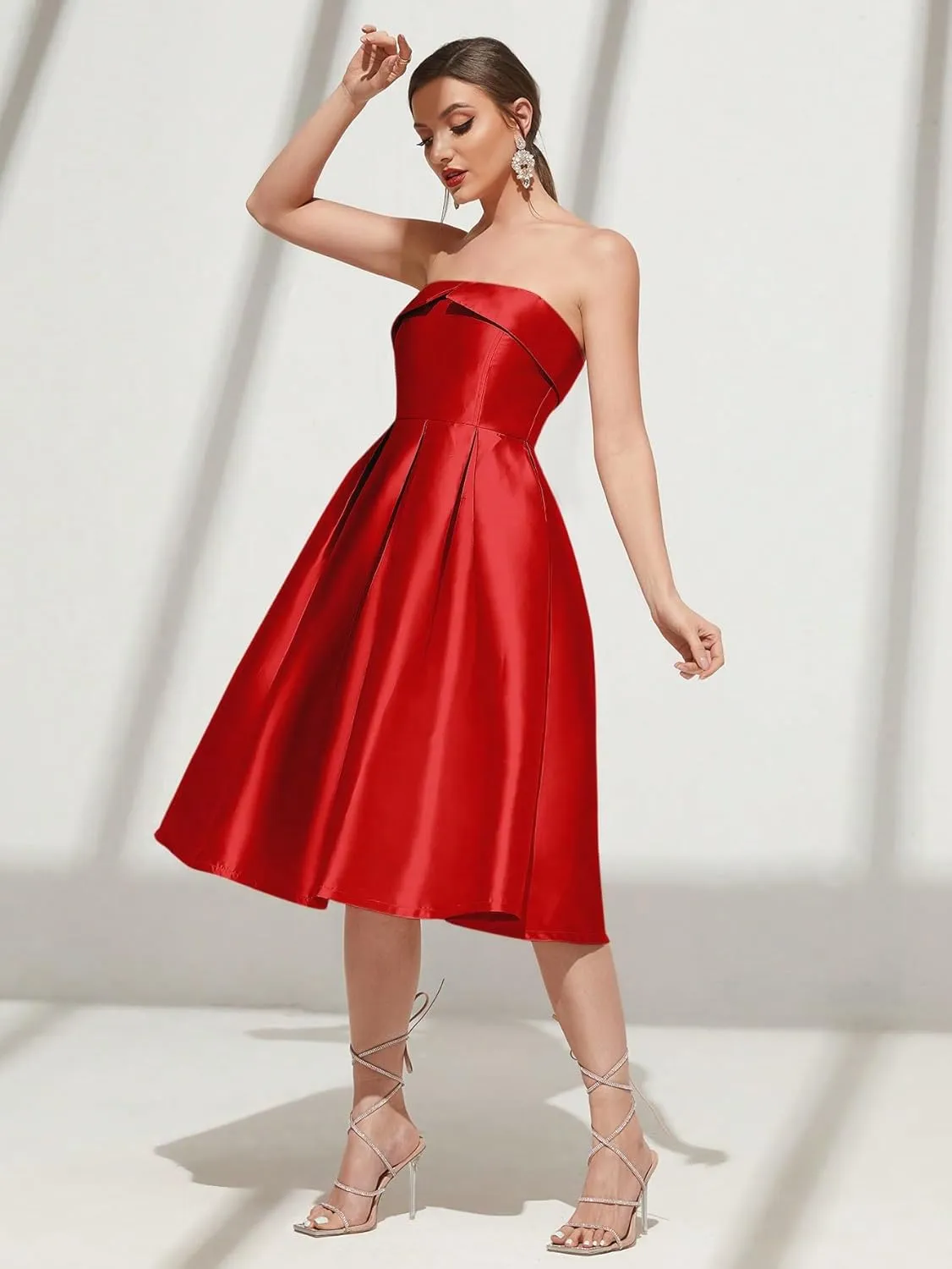 Strapless Satin A-Line Cocktail Dress for Women  Elegant Prom, Wedding,Formal Evening Gown with Pleated Skirt