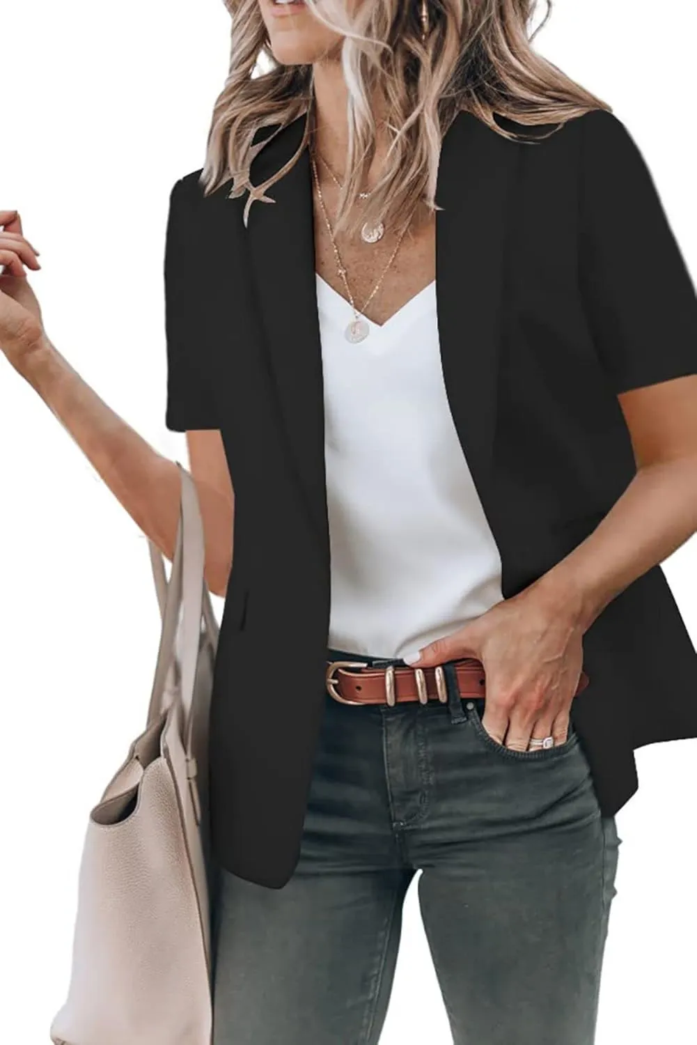 Summer Blazers for Women Lightweight Casual Lapel One Button Short Sleeve Jacket Business Open Front Office Blazers