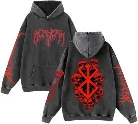 Unisex Retro Berserks Washed Hoodie Men Anime Novelty 3D Printed Vintage Sweatshirts Long Sleeve Casual Pullover