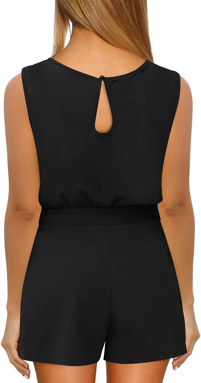 Vetinee Womens Summer Belted Romper Keyhole Back Short Sleeve Jumpsuit Playsuit