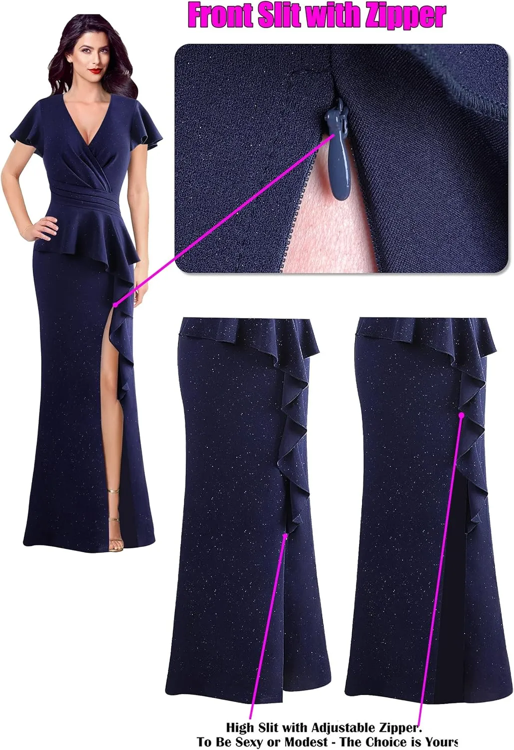 VFSHOW Womens Ruched Wrap V Neck Ruffle Formal Prom Peplum High Slit Maxi Dress 2023 Wedding Guest Cocktail Evening Long Gown