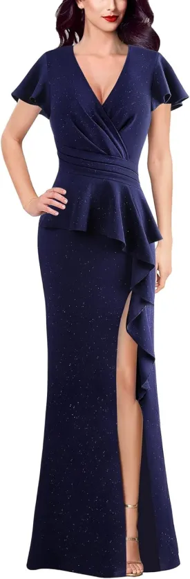 VFSHOW Womens Ruched Wrap V Neck Ruffle Formal Prom Peplum High Slit Maxi Dress 2023 Wedding Guest Cocktail Evening Long Gown