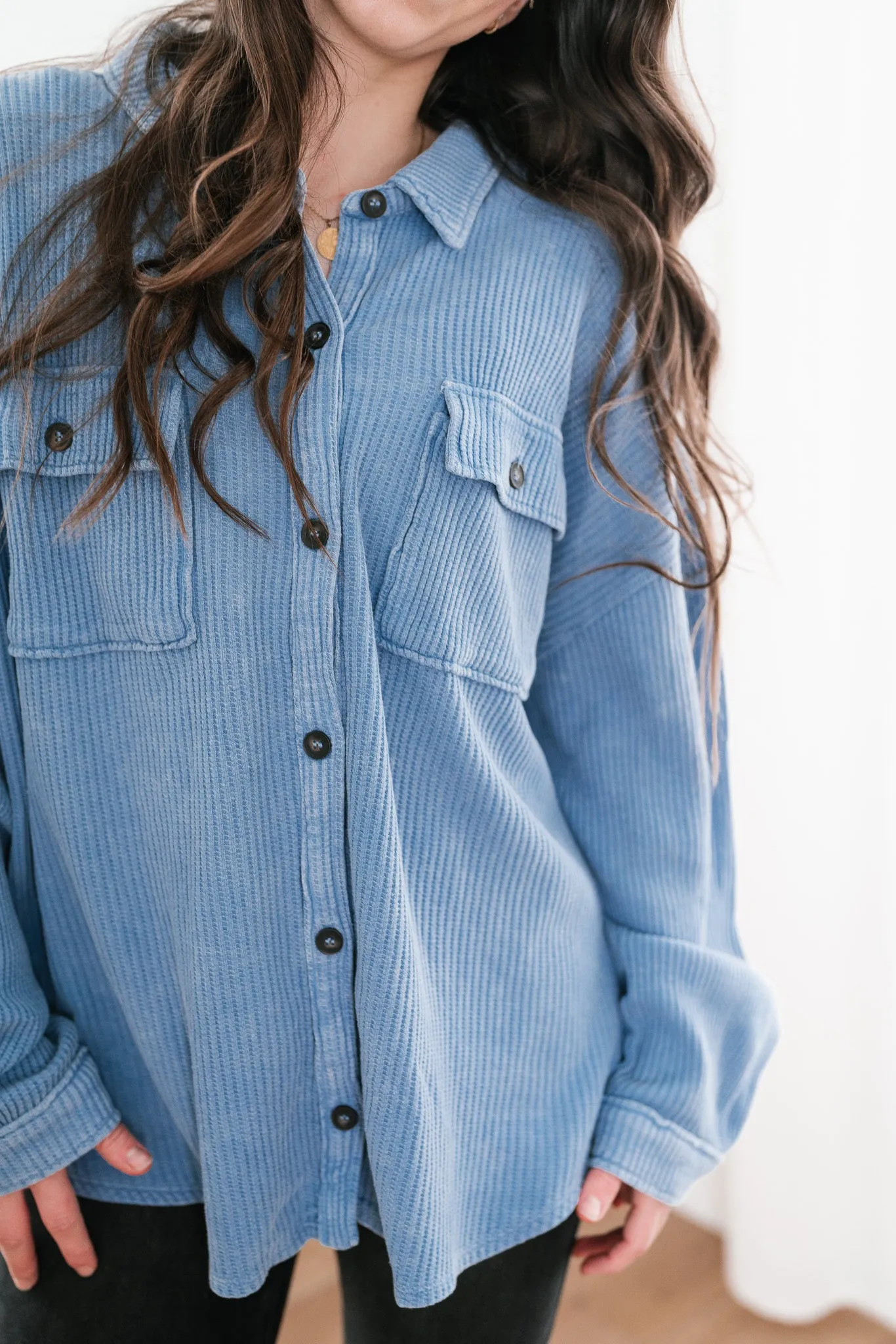 With Love Waffle Knit Button Up - Gray Blue