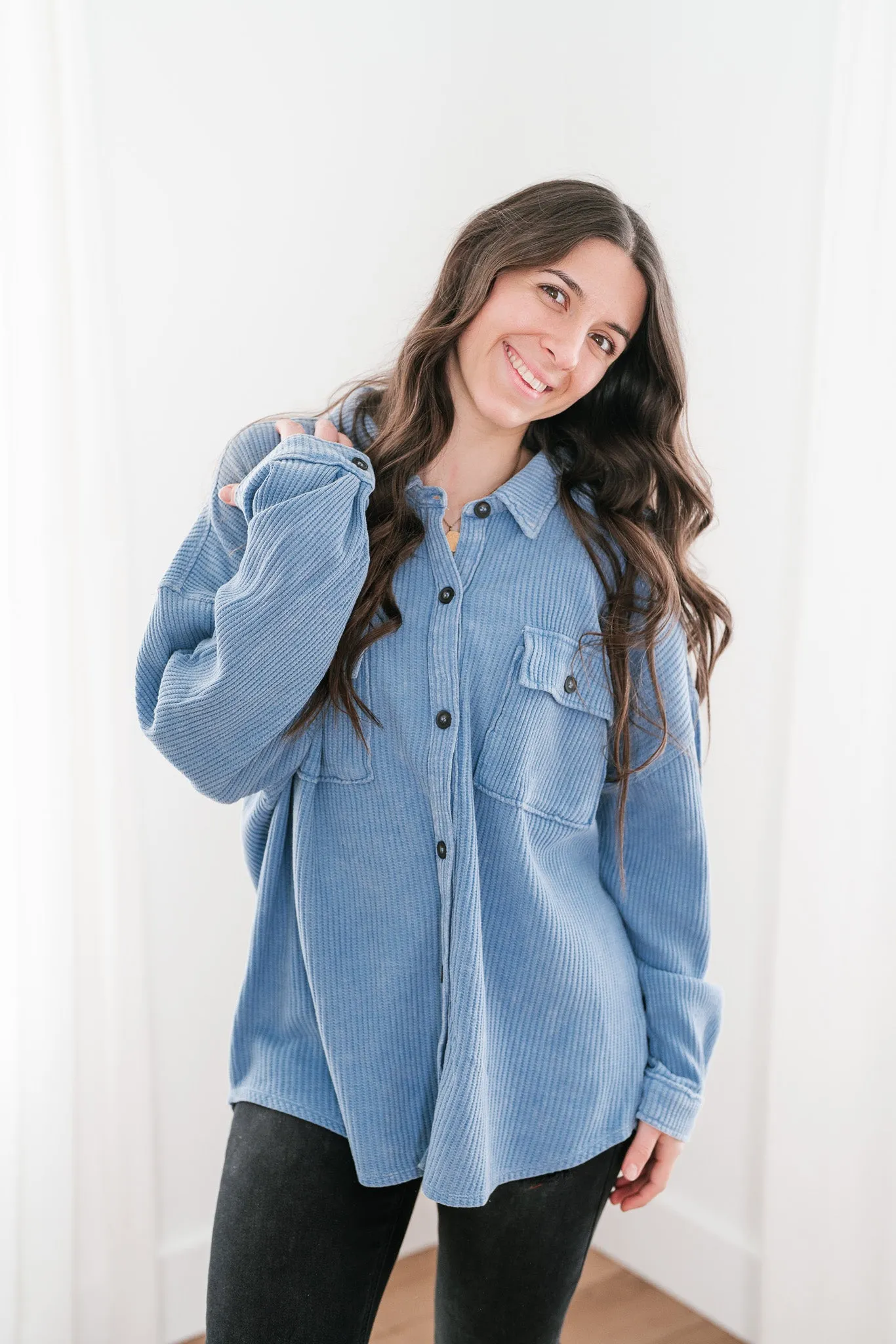 With Love Waffle Knit Button Up - Gray Blue