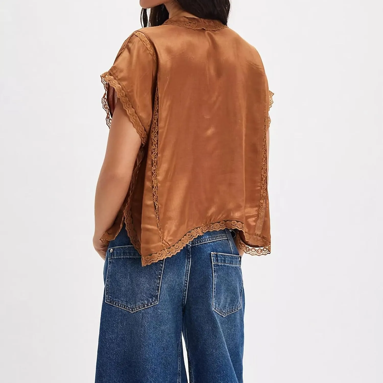 Women Boho Button Down Lace Trim Blouse Top Short Sleeve V Neck Solid Loose Fit Silky Satin Tie Front Shirt Top