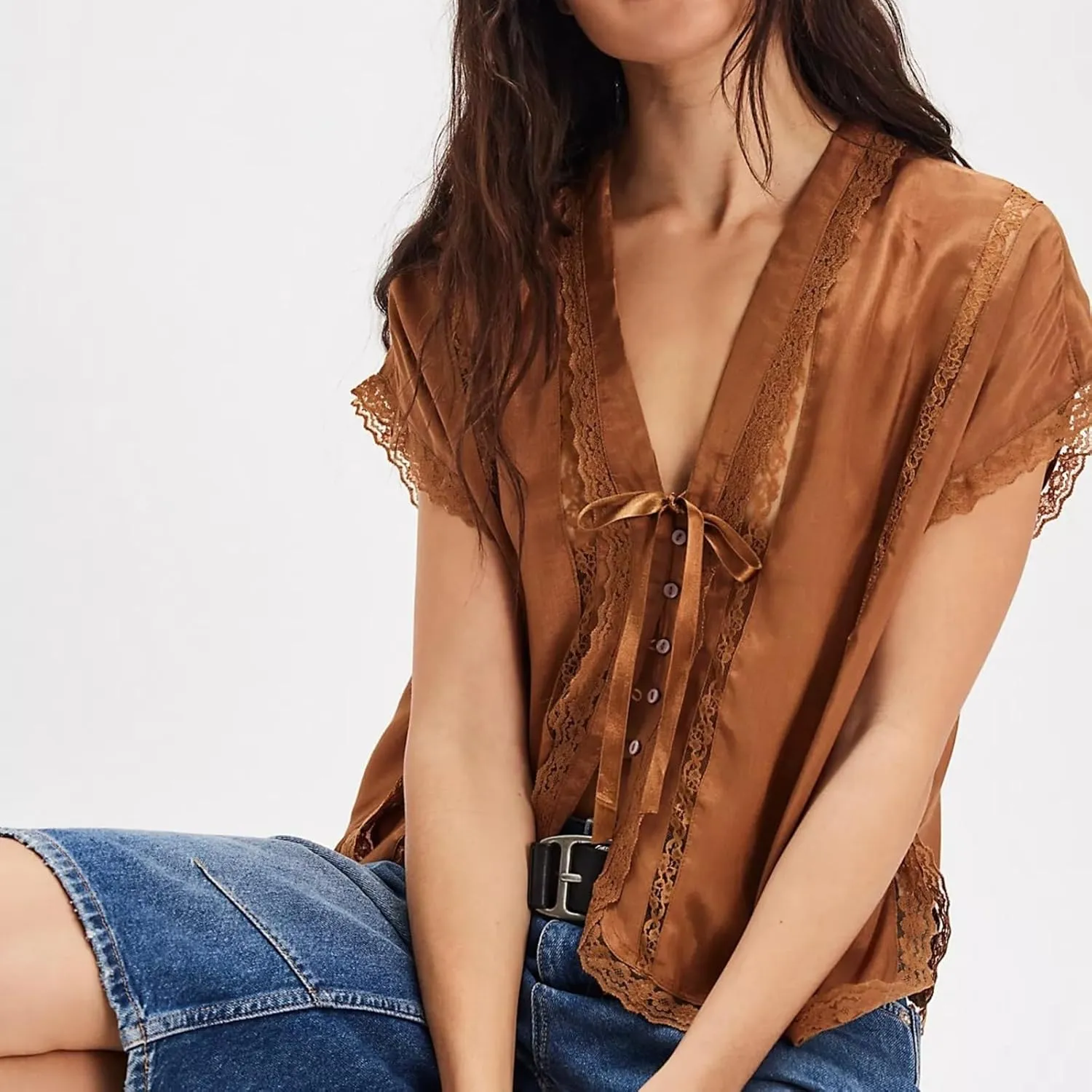 Women Boho Button Down Lace Trim Blouse Top Short Sleeve V Neck Solid Loose Fit Silky Satin Tie Front Shirt Top