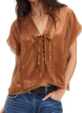 Women Boho Button Down Lace Trim Blouse Top Short Sleeve V Neck Solid Loose Fit Silky Satin Tie Front Shirt Top