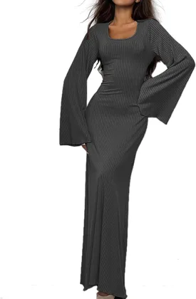 Women Flare Sleeve Maxi Dress Sexy Square Neck Long Sleeve Knit Ribbed Bodycon Dresses Casual Lace Up Back Dress