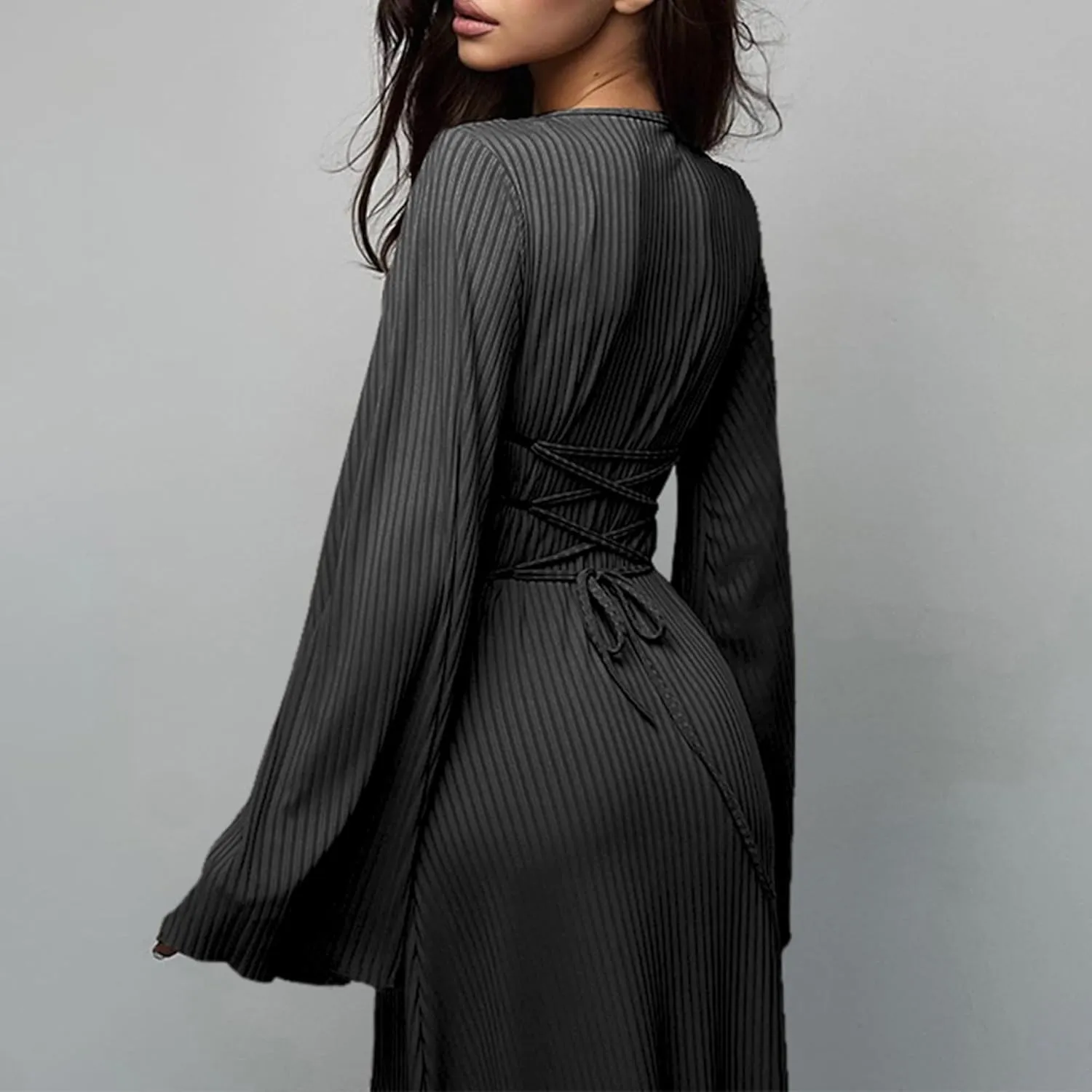Women Flare Sleeve Maxi Dress Sexy Square Neck Long Sleeve Knit Ribbed Bodycon Dresses Casual Lace Up Back Dress