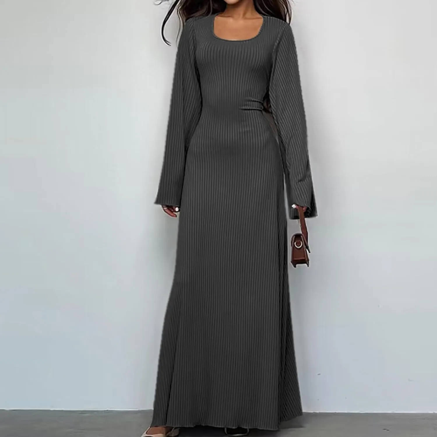 Women Flare Sleeve Maxi Dress Sexy Square Neck Long Sleeve Knit Ribbed Bodycon Dresses Casual Lace Up Back Dress