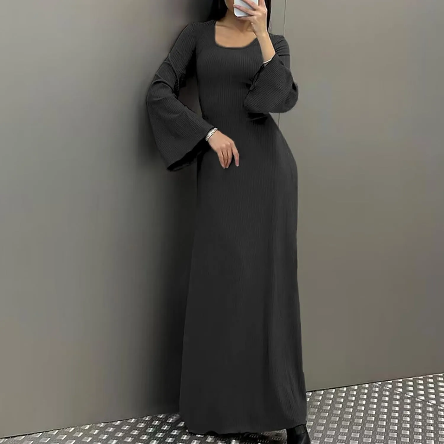 Women Flare Sleeve Maxi Dress Sexy Square Neck Long Sleeve Knit Ribbed Bodycon Dresses Casual Lace Up Back Dress