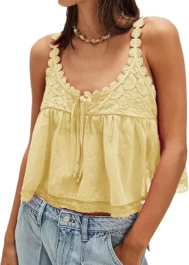 Women Lace Trim Babydoll Tank Top Tie Front Sexy Semi Sheer Y2k Summer Teen Girls Going Out Tops