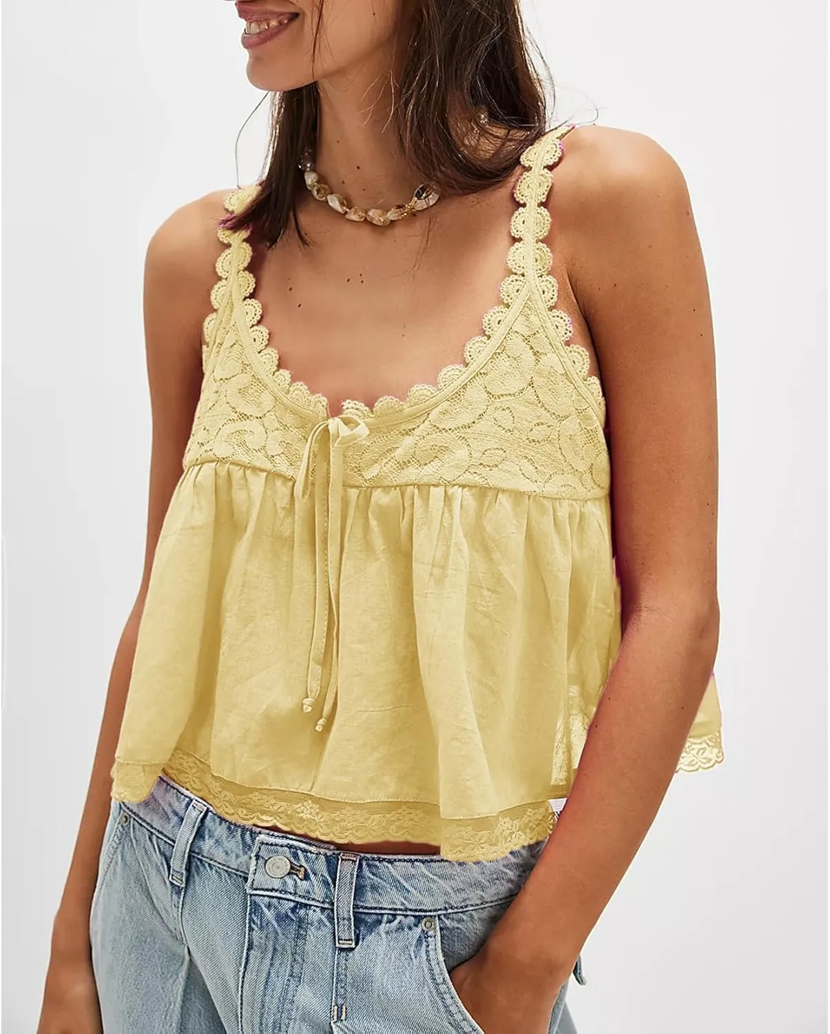 Women Lace Trim Babydoll Tank Top Tie Front Sexy Semi Sheer Y2k Summer Teen Girls Going Out Tops