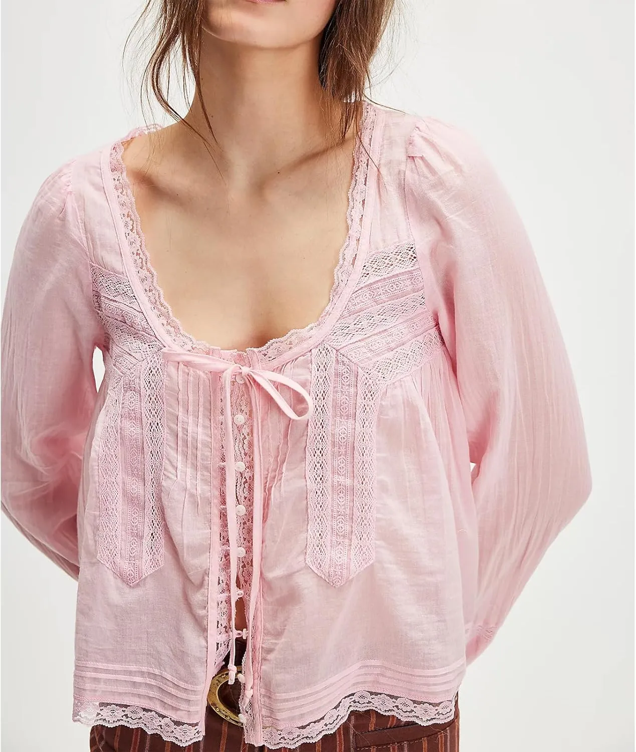 Women Y2k Long Sleeve Shirts Ruffles Lace Trim Sheer Mesh See Through Round Neck Going Out Tank Tops Blouses