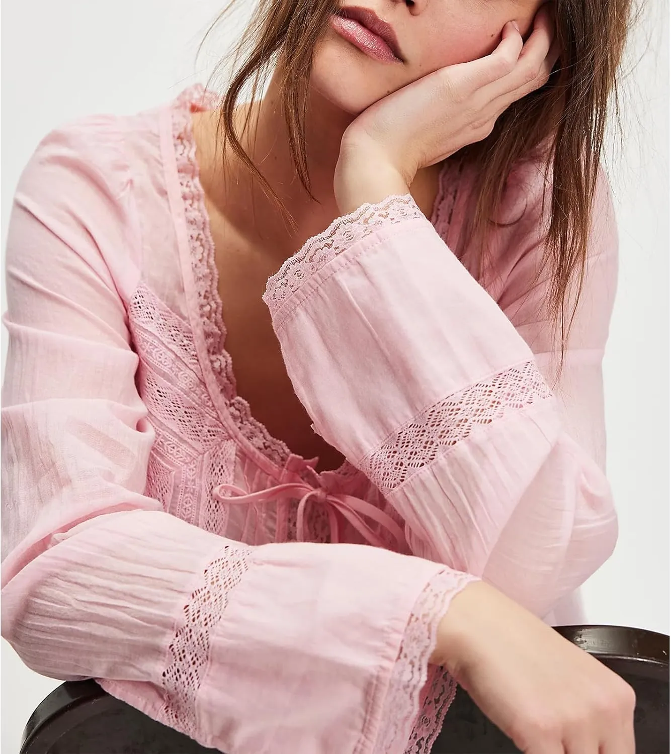 Women Y2k Long Sleeve Shirts Ruffles Lace Trim Sheer Mesh See Through Round Neck Going Out Tank Tops Blouses