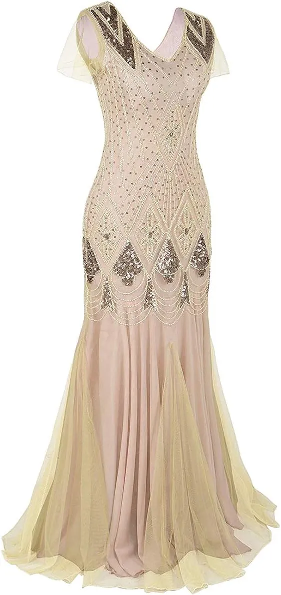 Women's 1920s Flapper Dress Vintage Great Gatsby Party Sequin Maxi Evening Cocktail Dresses with 20s Accessories Set