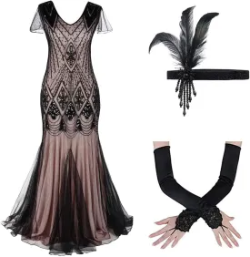 Women's 1920s Flapper Dress Vintage Great Gatsby Party Sequin Maxi Evening Cocktail Dresses with 20s Accessories Set