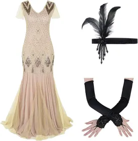 Women's 1920s Flapper Dress Vintage Great Gatsby Party Sequin Maxi Evening Cocktail Dresses with 20s Accessories Set