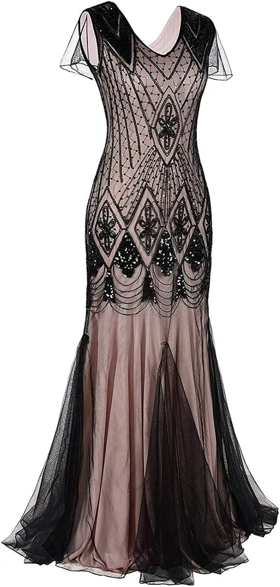 Women's 1920s Flapper Dress Vintage Great Gatsby Party Sequin Maxi Evening Cocktail Dresses with 20s Accessories Set