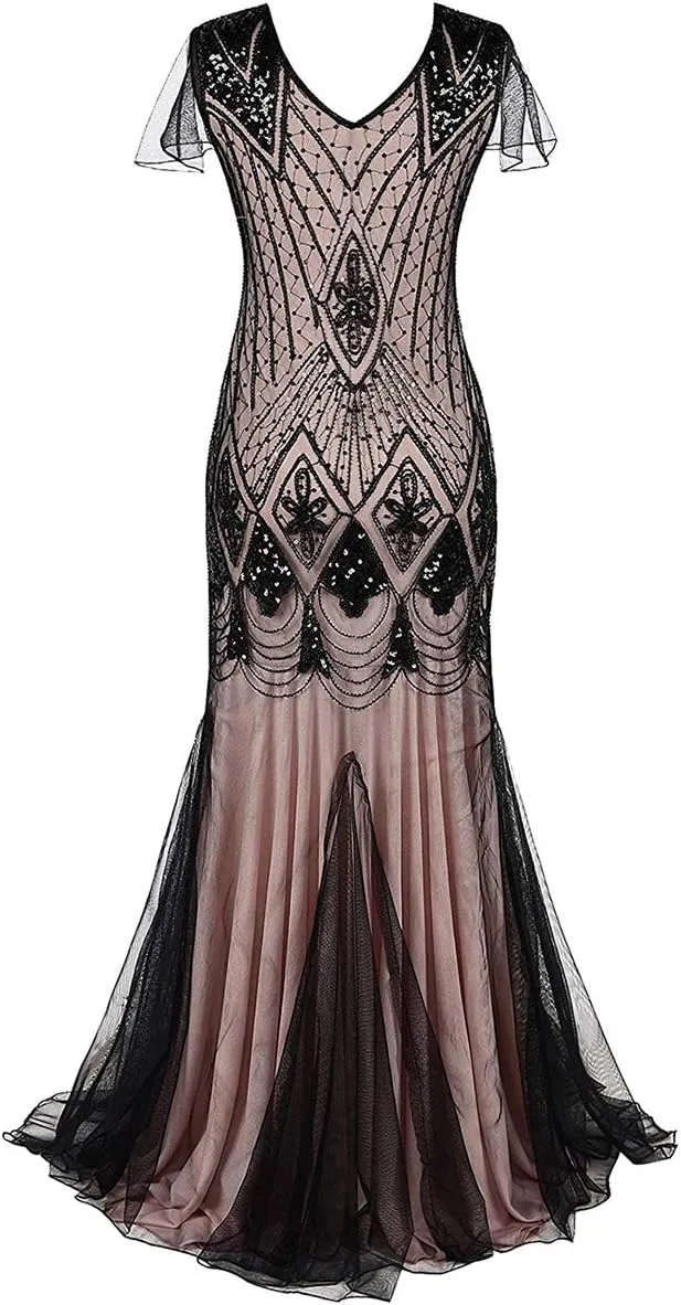 Women's 1920s Flapper Dress Vintage Great Gatsby Party Sequin Maxi Evening Cocktail Dresses with 20s Accessories Set