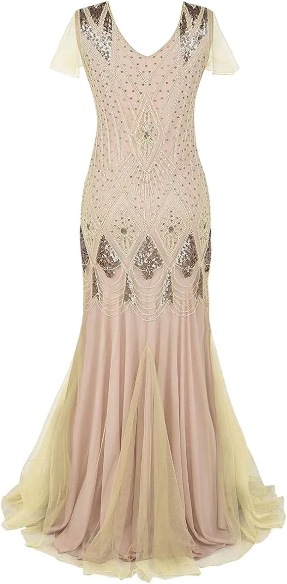 Women's 1920s Flapper Dress Vintage Great Gatsby Party Sequin Maxi Evening Cocktail Dresses with 20s Accessories Set