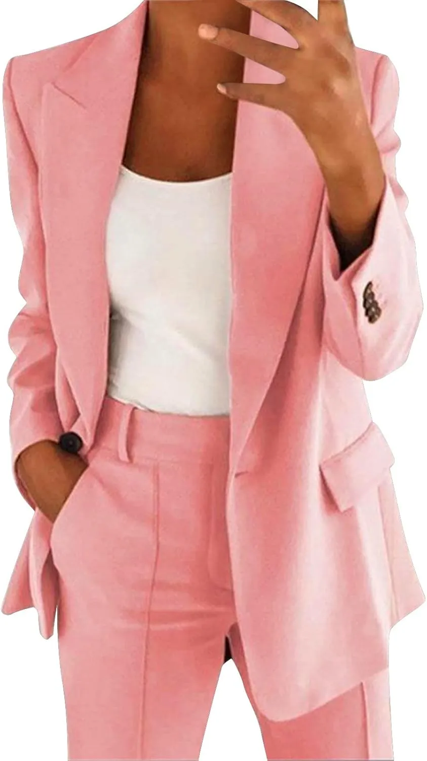 Womens 2025 Casual Temperament Solid Blazers Lapel Button Long Sleeve Cardigans with Pockets Loose Slim Formal Jackets