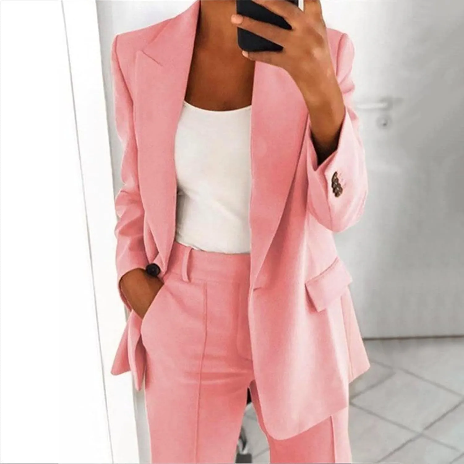 Womens 2025 Casual Temperament Solid Blazers Lapel Button Long Sleeve Cardigans with Pockets Loose Slim Formal Jackets
