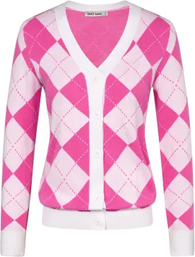 Womens Argyle Preppy Cardigan Sweater Casual V Neck Button Down Knit Cardigan Color Block Shrugs S-2XL