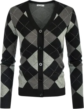 Womens Argyle Preppy Cardigan Sweater Casual V Neck Button Down Knit Cardigan Color Block Shrugs S-2XL